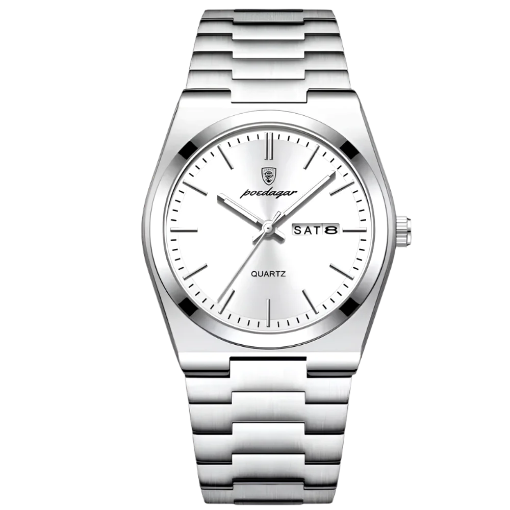 Poedagar Tempus men’s watch in Silver and White, stainless steel bracelet with clean minimalist dial