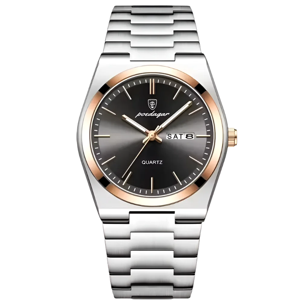 Poedagar Tempus men’s watch in Two-Tone Silver and Rose Gold with Black dial, day-date display and luminous hands