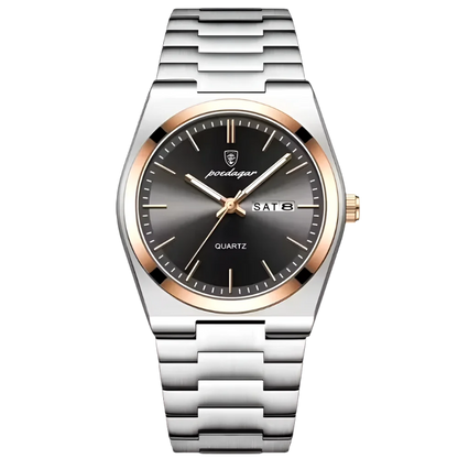 Poedagar Tempus men’s watch in Two-Tone Silver and Rose Gold with Black dial, day-date display and luminous hands