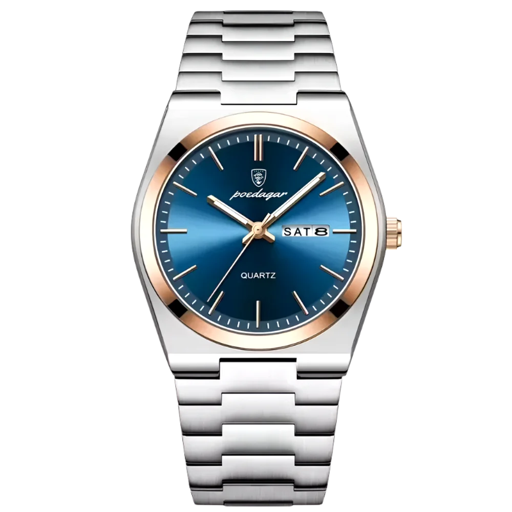 Poedagar Tempus men’s watch in Two-Tone Silver and Rose Gold with Blue dial, brushed finish stainless steel bracelet