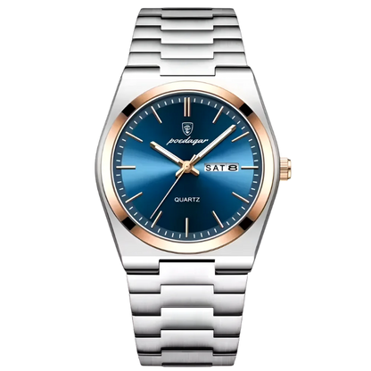 Poedagar Tempus men’s watch in Two-Tone Silver and Rose Gold with Blue dial, brushed finish stainless steel bracelet