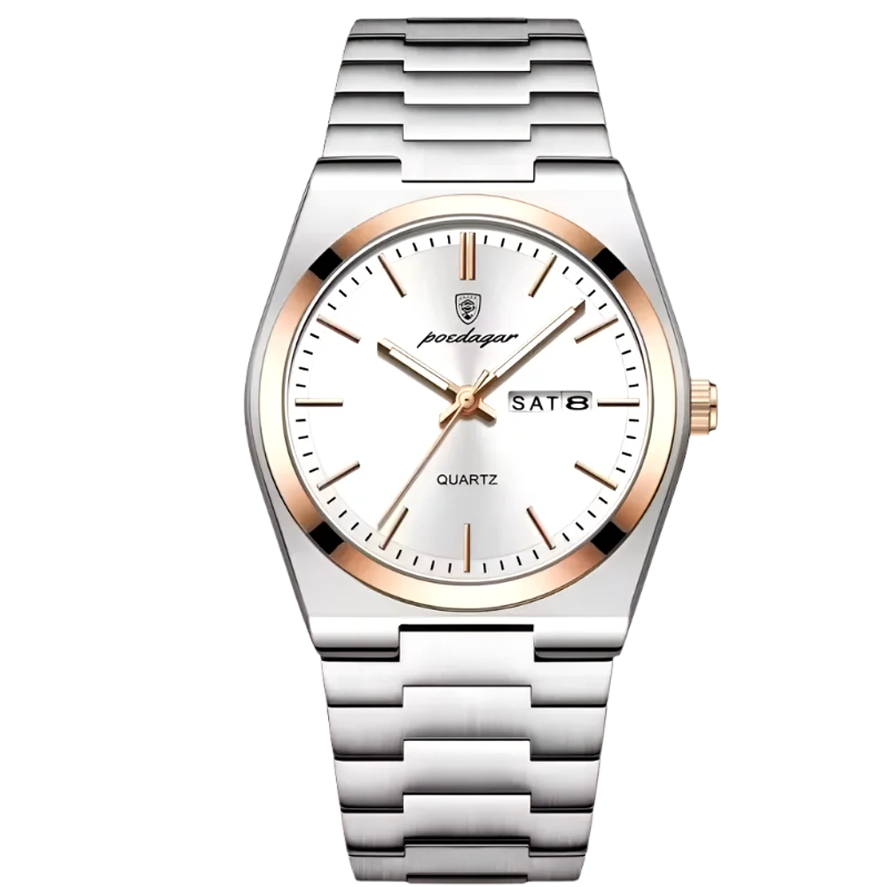 Poedagar Tempus men’s watch in Two-Tone Silver and Rose Gold with White dial, minimalist aesthetic bracelet
