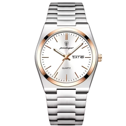 Poedagar Tempus men’s watch in Two-Tone Silver and Rose Gold with White dial, minimalist aesthetic bracelet