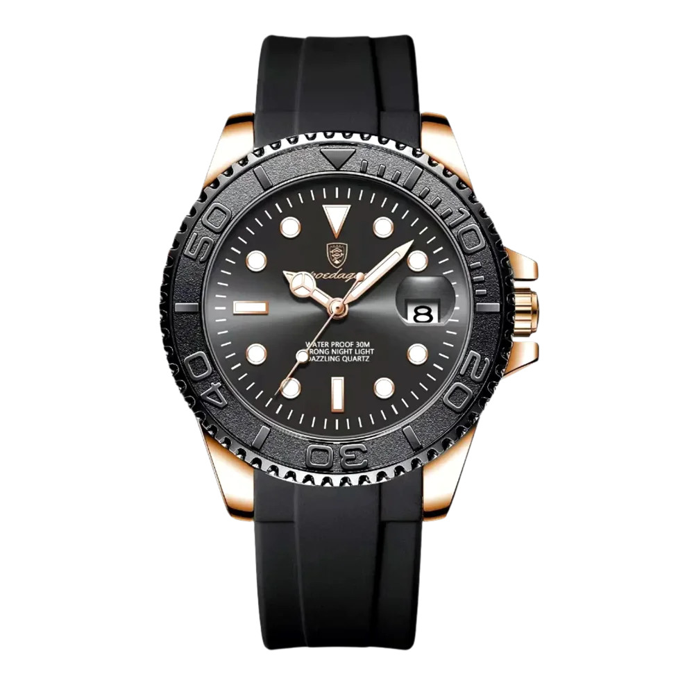 Poedagar Thalios men’s watch Black Edition, black dial and bezel with gold accents and durable rubber strap