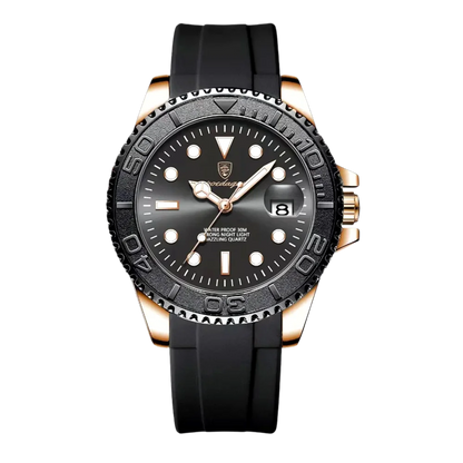 Poedagar Thalios men’s watch Black Edition, black dial and bezel with gold accents and durable rubber strap