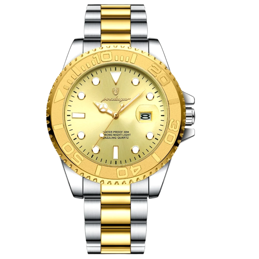 Poedagar Thalios men’s watch Gold Edition, full gold stainless steel bracelet with luminous dial and bezel