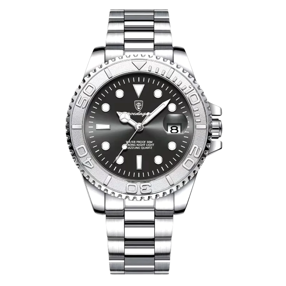 Poedagar Thalios men’s watch in Silver and Black, brushed stainless steel finish with luminous hands and bezel