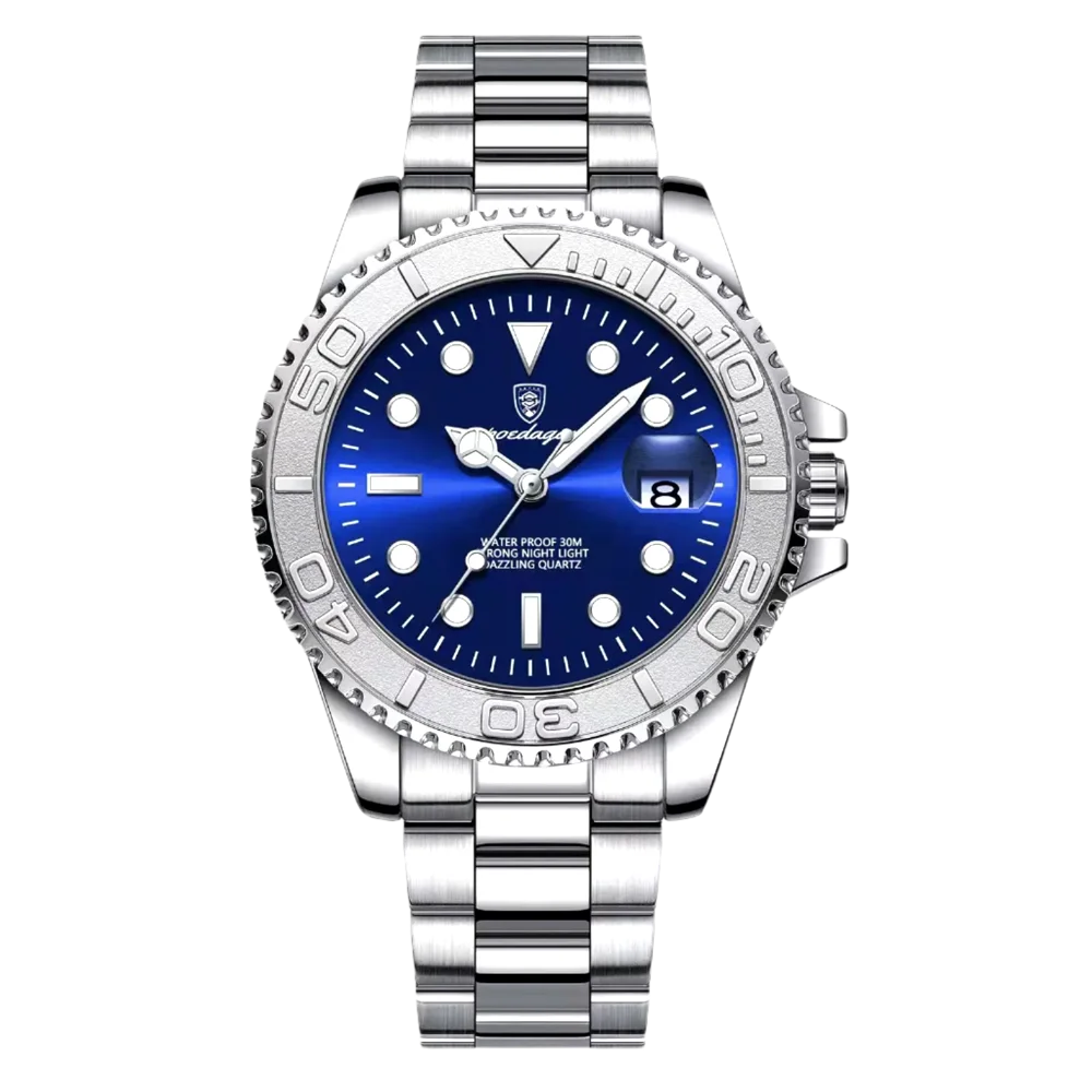 Poedagar Thalios men’s watch in Silver and Blue, stainless steel case and bracelet with luminous dial and rotating bezel