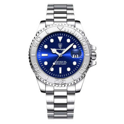 Poedagar Thalios men’s watch in Silver and Blue, stainless steel case and bracelet with luminous dial and rotating bezel
