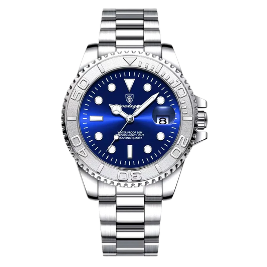 Poedagar Thalios men’s watch in Silver and Blue, stainless steel case and bracelet with luminous dial and rotating bezel