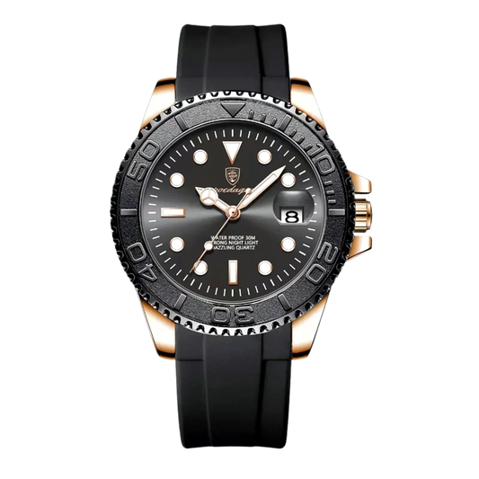 Poedagar Thalios men’s watch Black Edition, black dial and bezel with gold accents and durable rubber strap