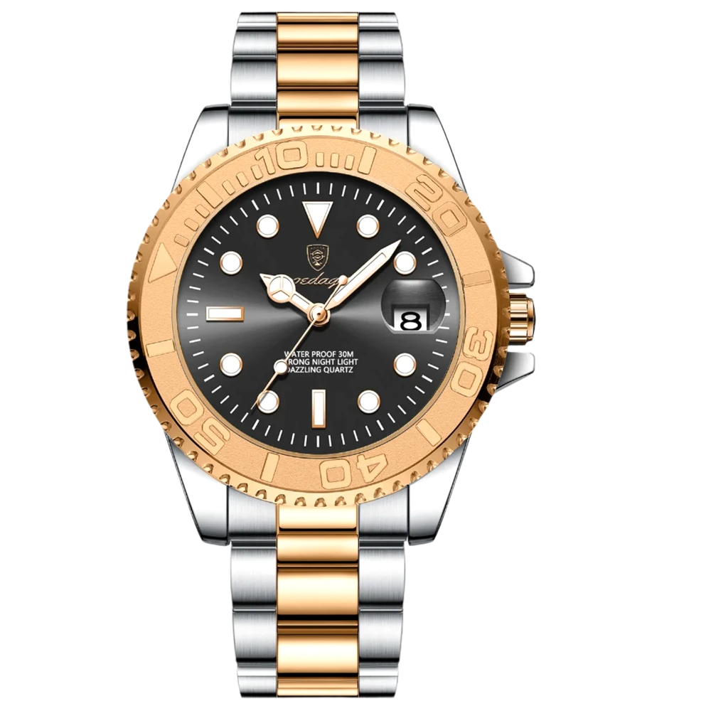 Poedagar Thalios men’s watch in Two-Tone Silver and Gold with Black dial, rotating bezel and luminous display