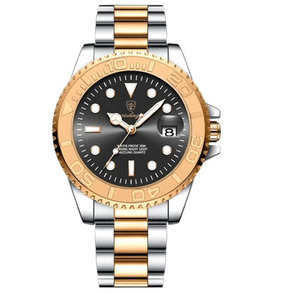 Poedagar Thalios men’s watch in Two-Tone Silver and Gold with Black dial, rotating bezel and luminous display