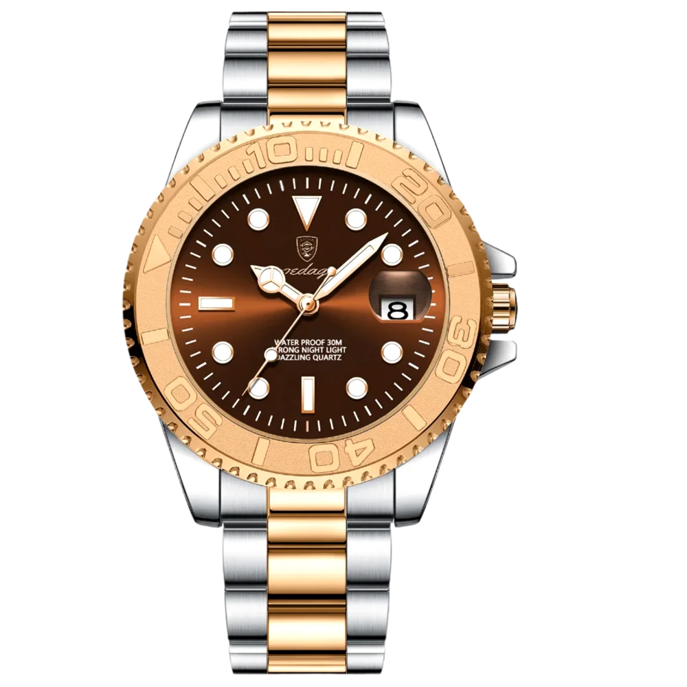 Poedagar Thalios men’s watch in Two-Tone Silver and Gold with Brown dial, luminous hands and rotating bezel