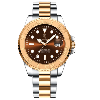 Poedagar Thalios men’s watch in Two-Tone Silver and Gold with Brown dial, luminous hands and rotating bezel