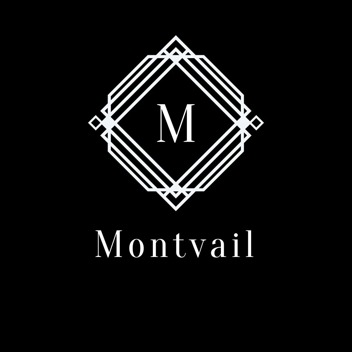 Montvail square logo with geometric design and monogram on a black background