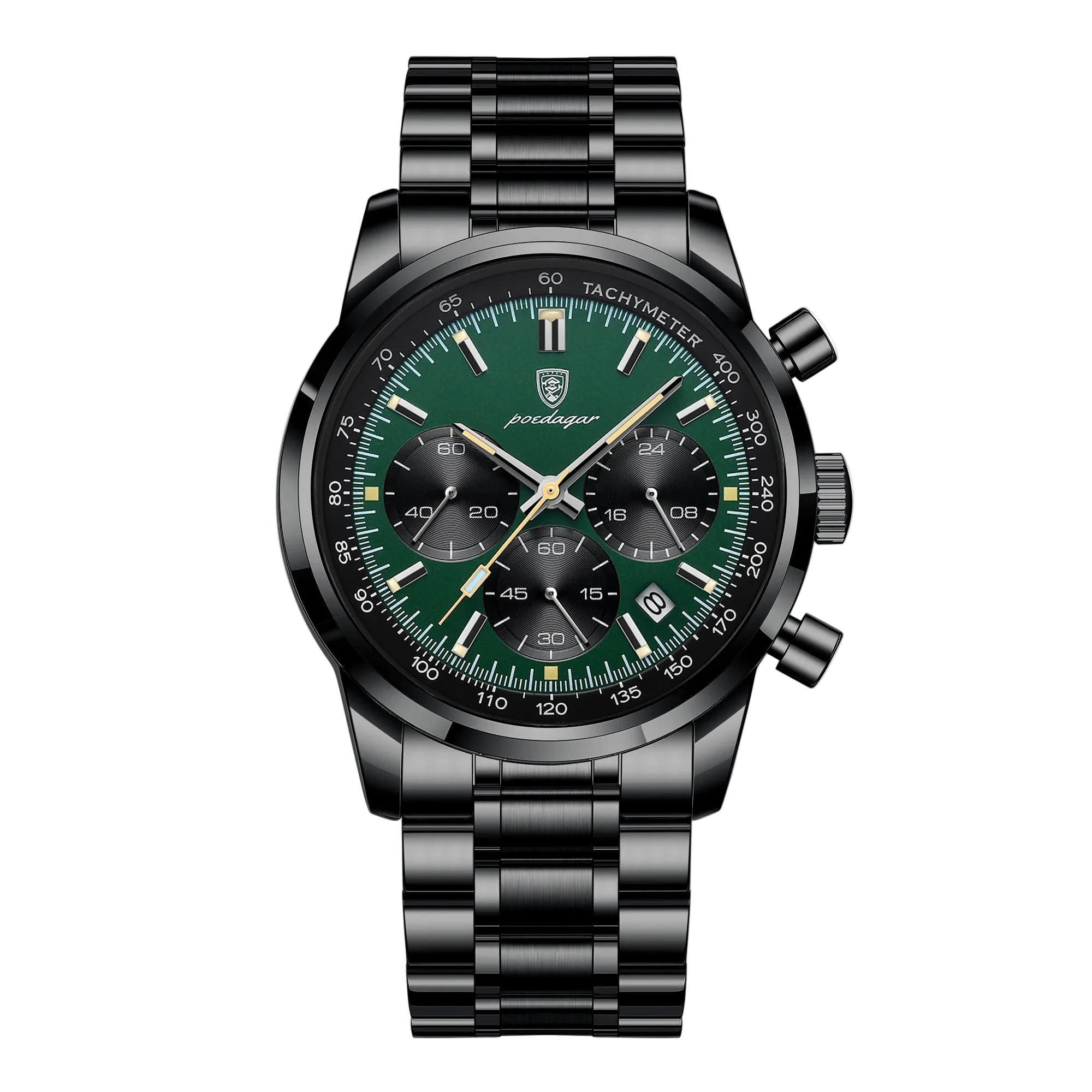 The Axis Chrono black steel chronograph style watch with green dial, tachymeter bezel and date window. Luxury watch with green dial and black bracelet on a white background, featuring the Poedagar brand logo.