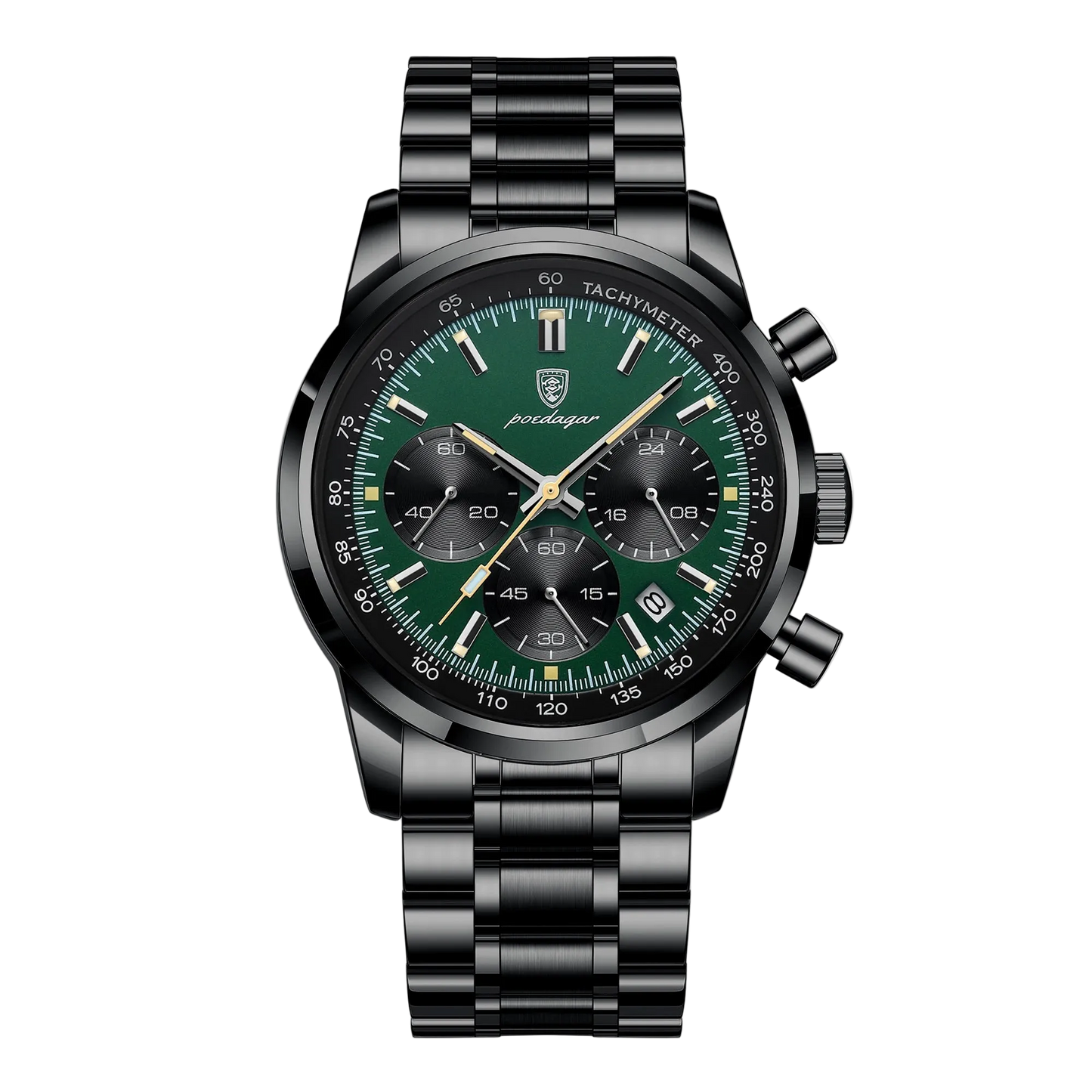 The Axis Chrono black steel chronograph style watch with green dial, tachymeter bezel and date window. Luxury watch with green dial and black bracelet on a white background, featuring the Poedagar brand logo.