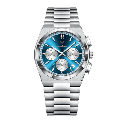 Silver watch with blue face and Poedagar logo on a white background