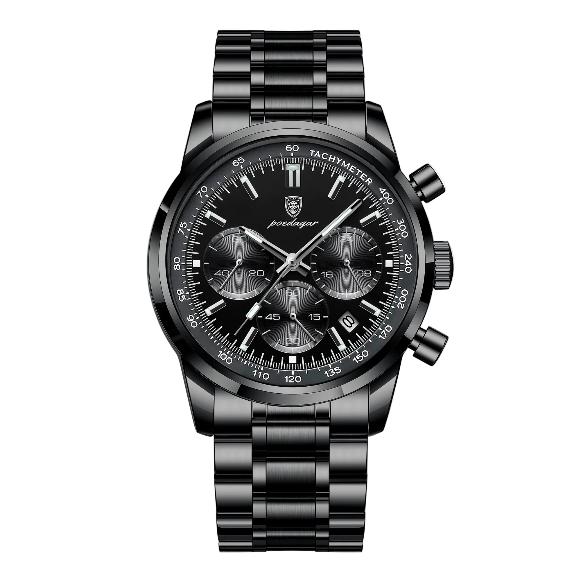 The Axis Chrono all black chronograph style men’s watch with three sub dials, tachymeter bezel and date display. Black watch with detailed face and metal strap on a white background, featuring the Poedagar brand.