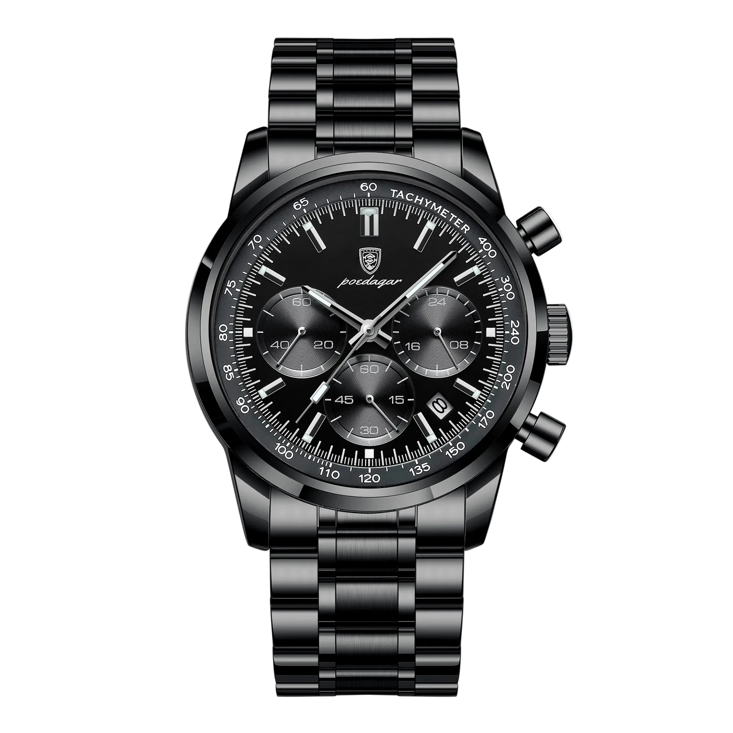 The Axis Chrono all black chronograph style men’s watch with three sub dials, tachymeter bezel and date display. Black watch with detailed face and metal strap on a white background, featuring the Poedagar brand.