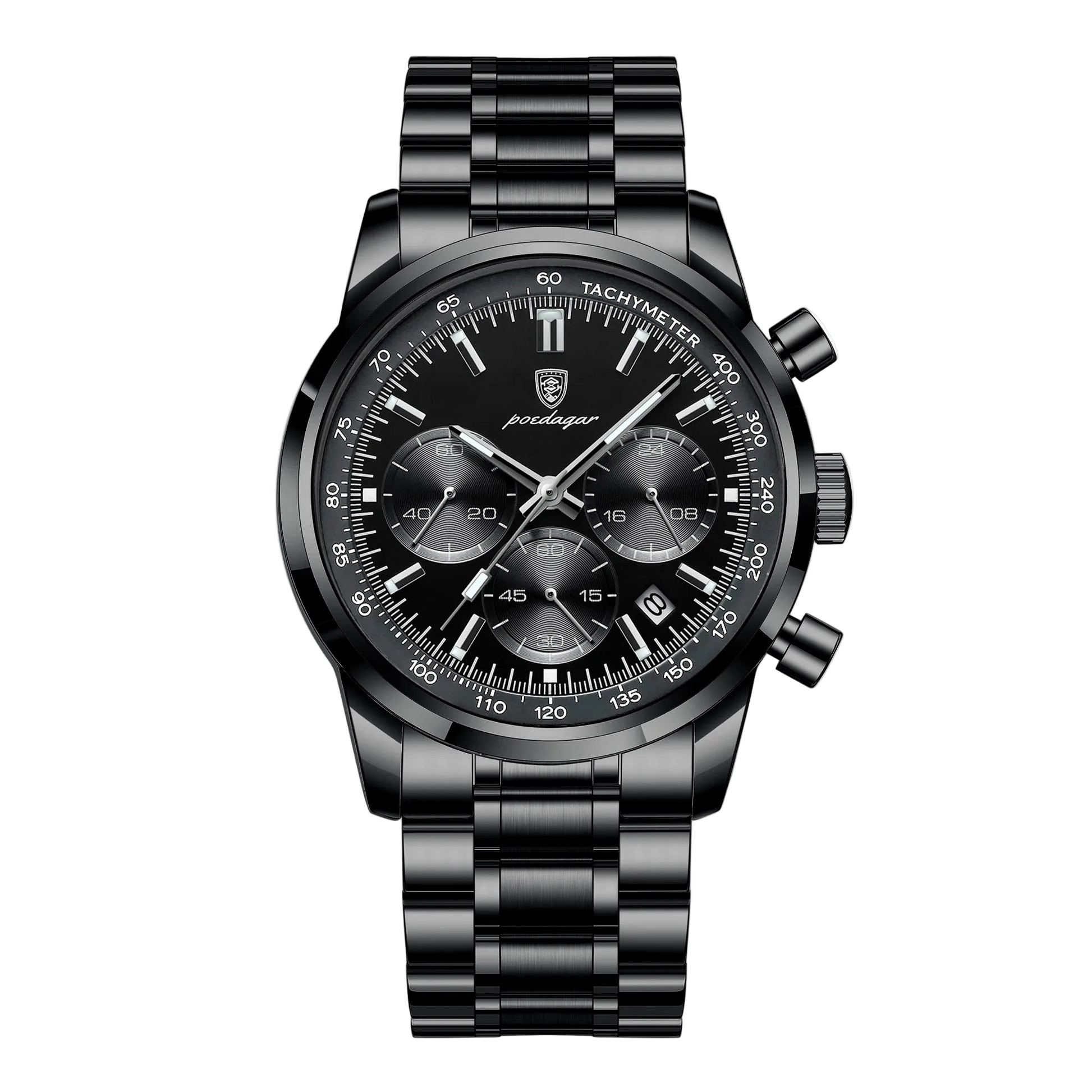 The Axis Chrono all black chronograph style men’s watch with three sub dials, tachymeter bezel and date display. Black watch with detailed face and metal strap on a white background, featuring the Poedagar brand.