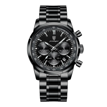 The Axis Chrono all black chronograph style men’s watch with three sub dials, tachymeter bezel and date display. Black watch with detailed face and metal strap on a white background, featuring the Poedagar brand.