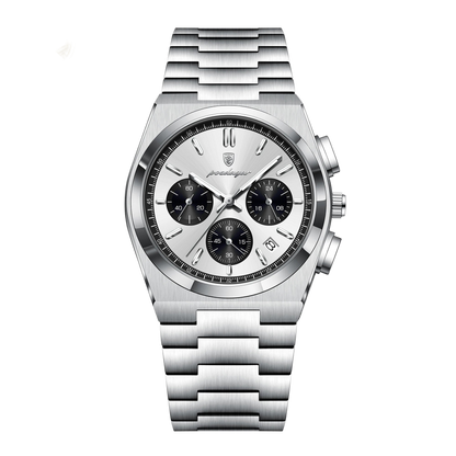 Silver watch with detailed face on a white background, featuring the POEDAGAR brand.