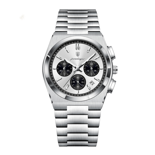 Silver watch with detailed face on a white background, featuring the POEDAGAR brand.
