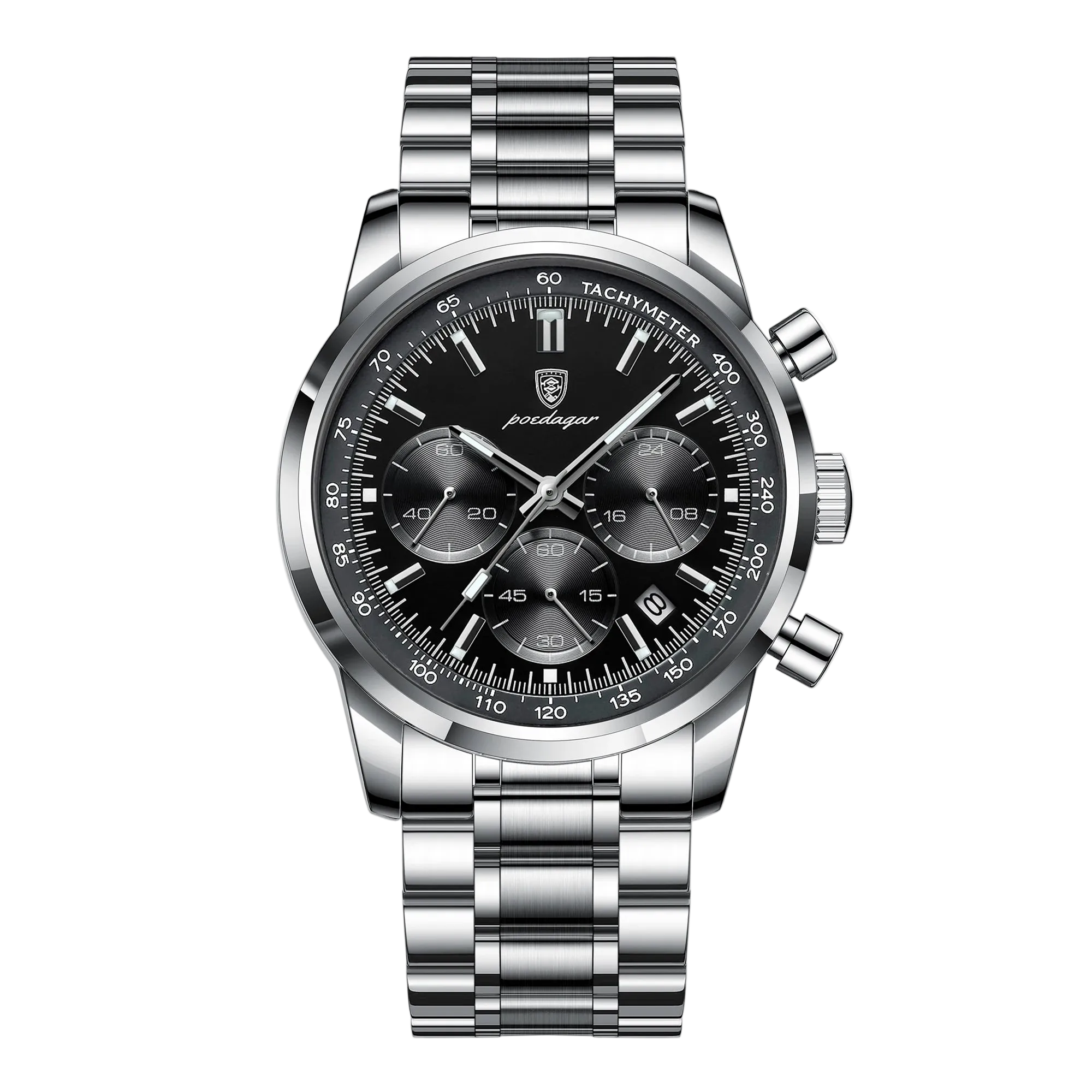 The Axis Chrono stainless steel chronograph style watch with black dial, three sub dials and date display. Silver watch with black dial on a white background, featuring the Poedagar brand.