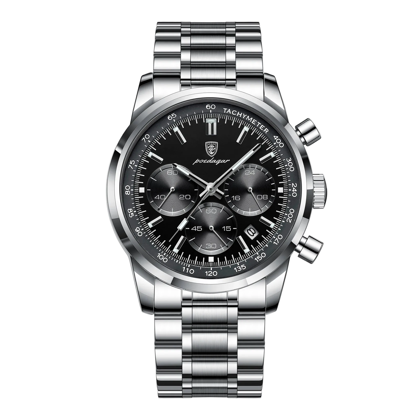 The Axis Chrono stainless steel chronograph style watch with black dial, three sub dials and date display. Silver watch with black dial on a white background, featuring the Poedagar brand.