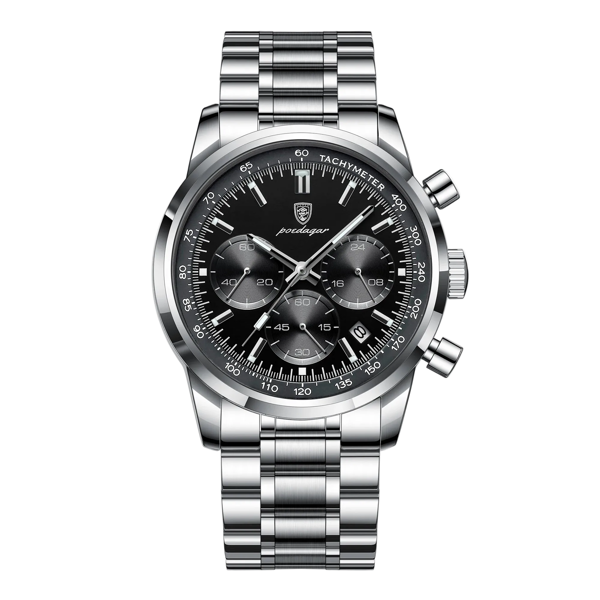 The Axis Chrono stainless steel chronograph style watch with black dial, three sub dials and date display. Silver watch with black dial on a white background, featuring the Poedagar brand.