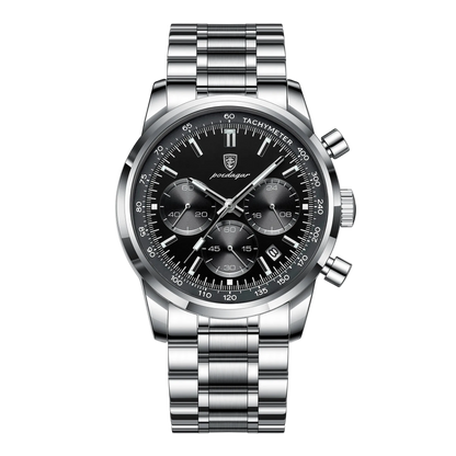 The Axis Chrono stainless steel chronograph style watch with black dial, three sub dials and date display. Silver watch with black dial on a white background, featuring the Poedagar brand.