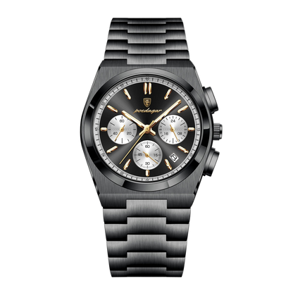 Black watch with detailed face and POEDAGAR branding on a white background