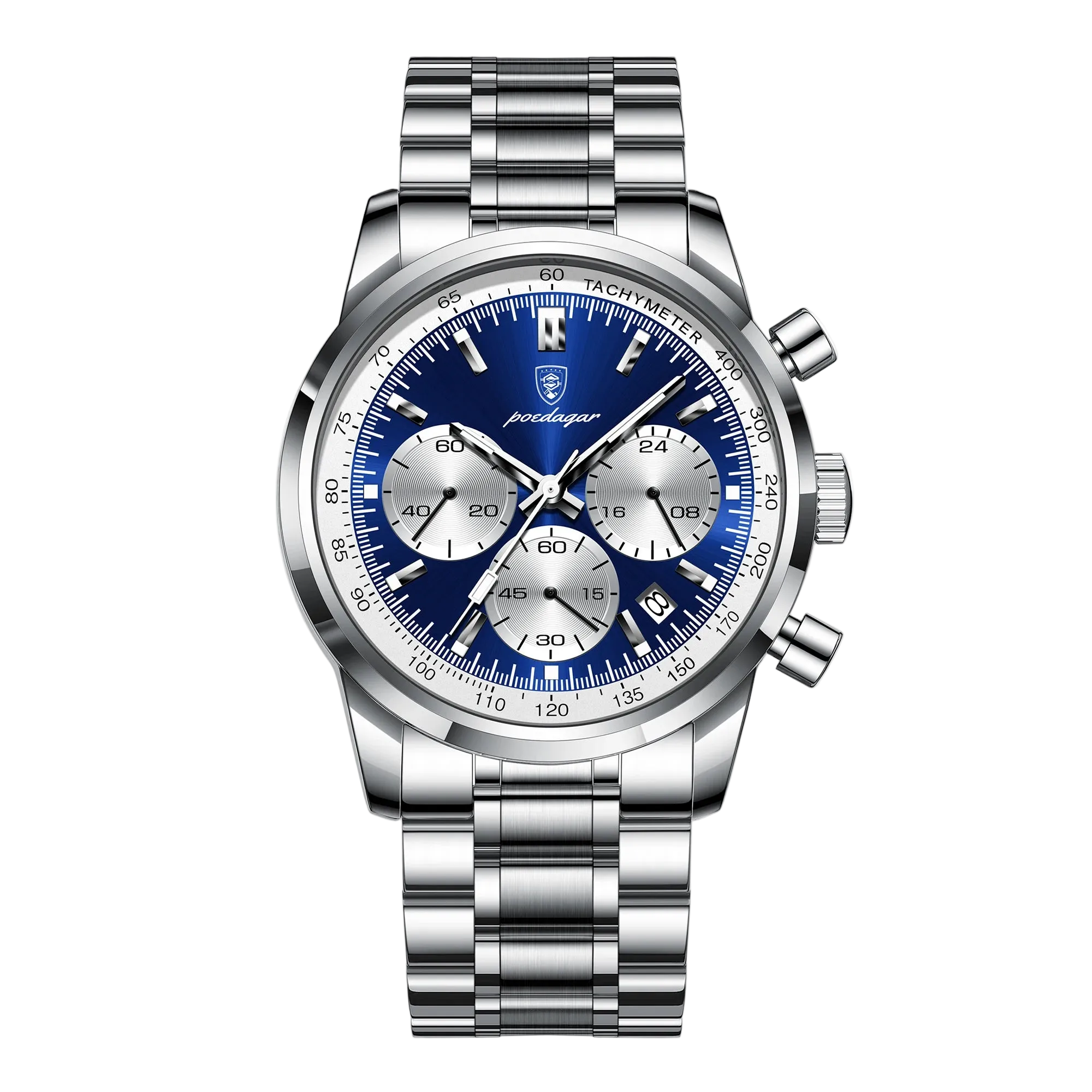 The Axis Chrono men’s stainless steel watch with blue dial, silver sub dials, tachymeter bezel and date window. Silver watch with blue face on a white background, featuring the Poedagar brand.