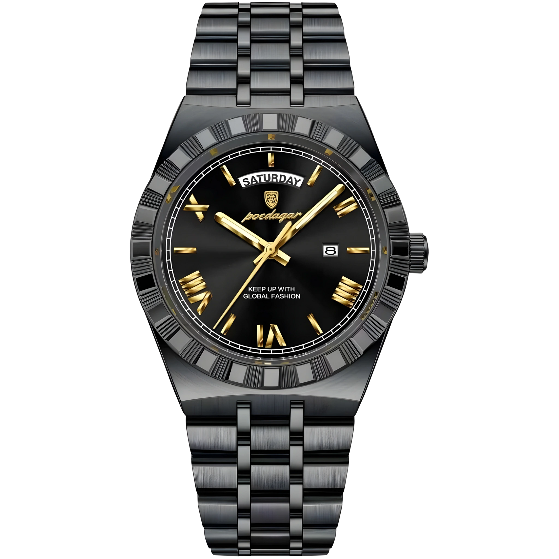 Black watch with gold accents on a white background