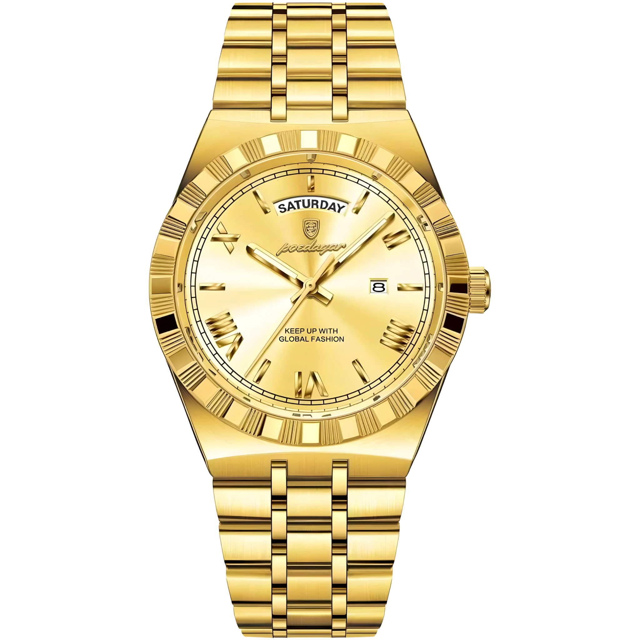 Gold wristwatch with a detailed face on a white background
