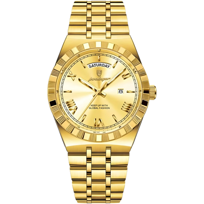 Gold wristwatch with a detailed face on a white background