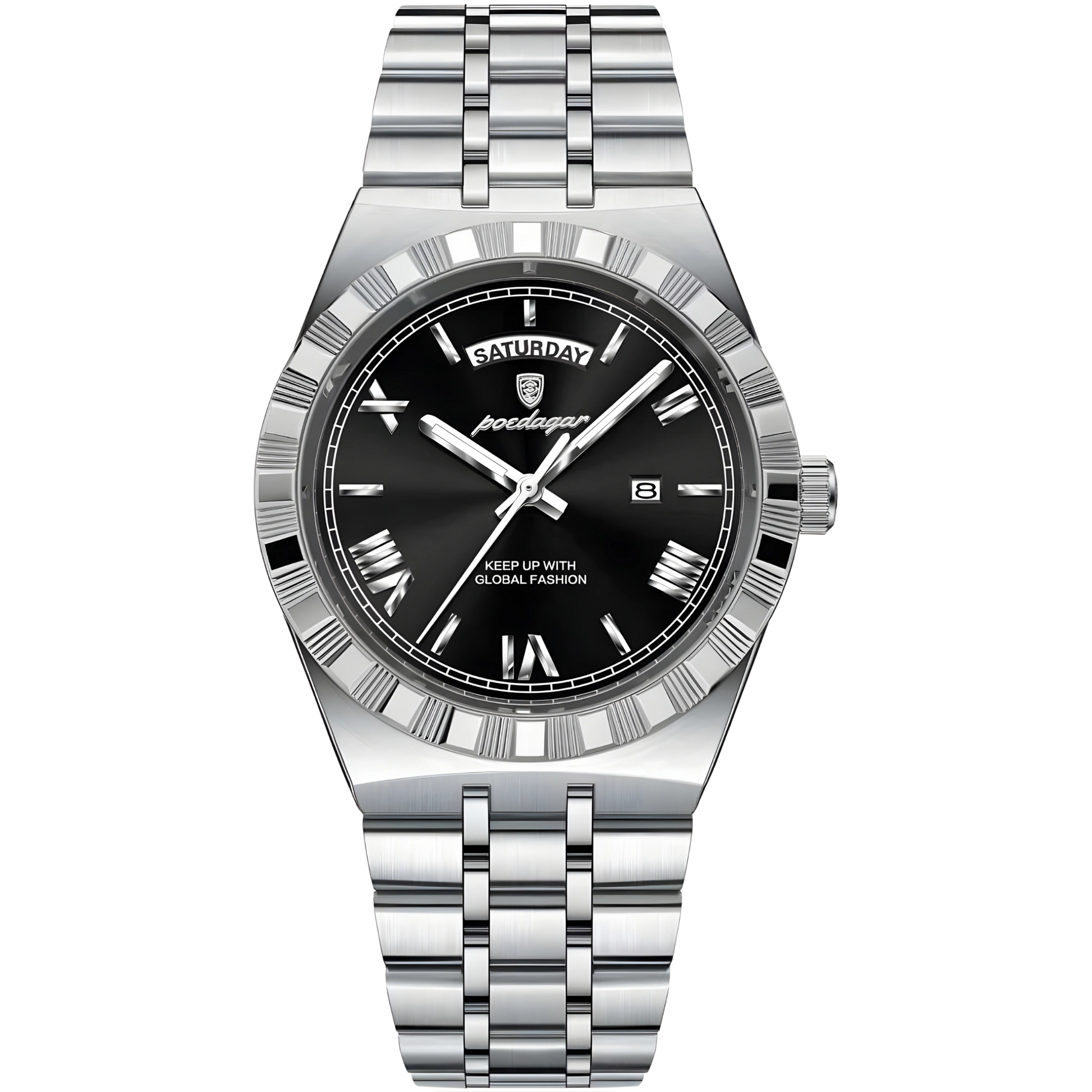 Silver watch with black dial on a white background