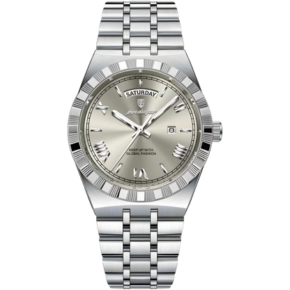 Silver wristwatch with a detailed face on a white background