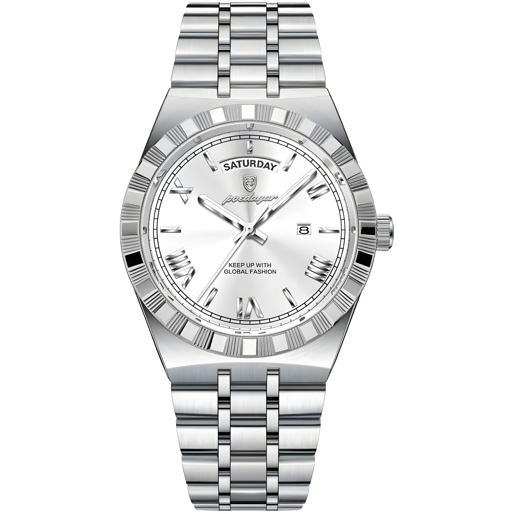 Silver watch with a white face on a white background