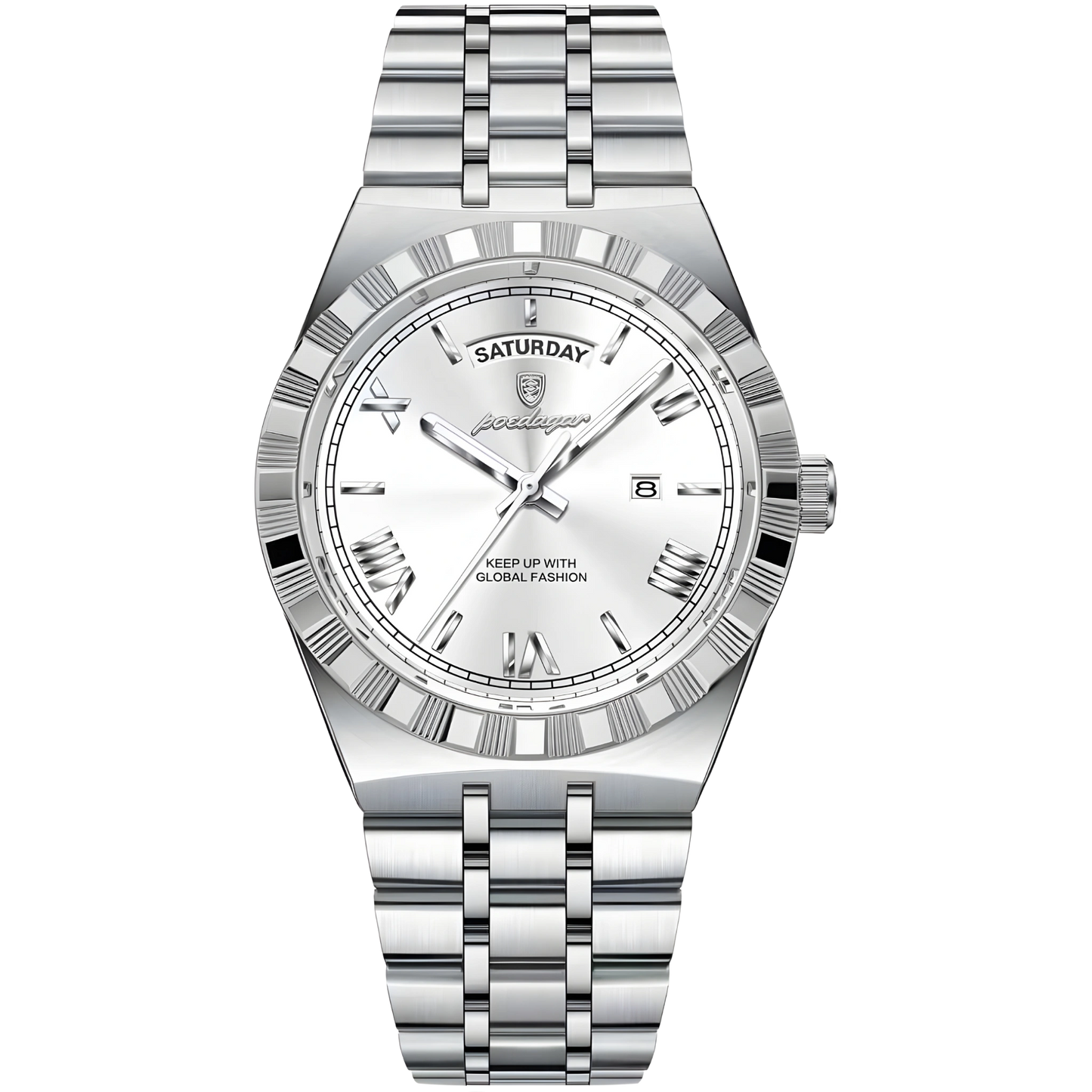 Silver watch with a white face on a white background