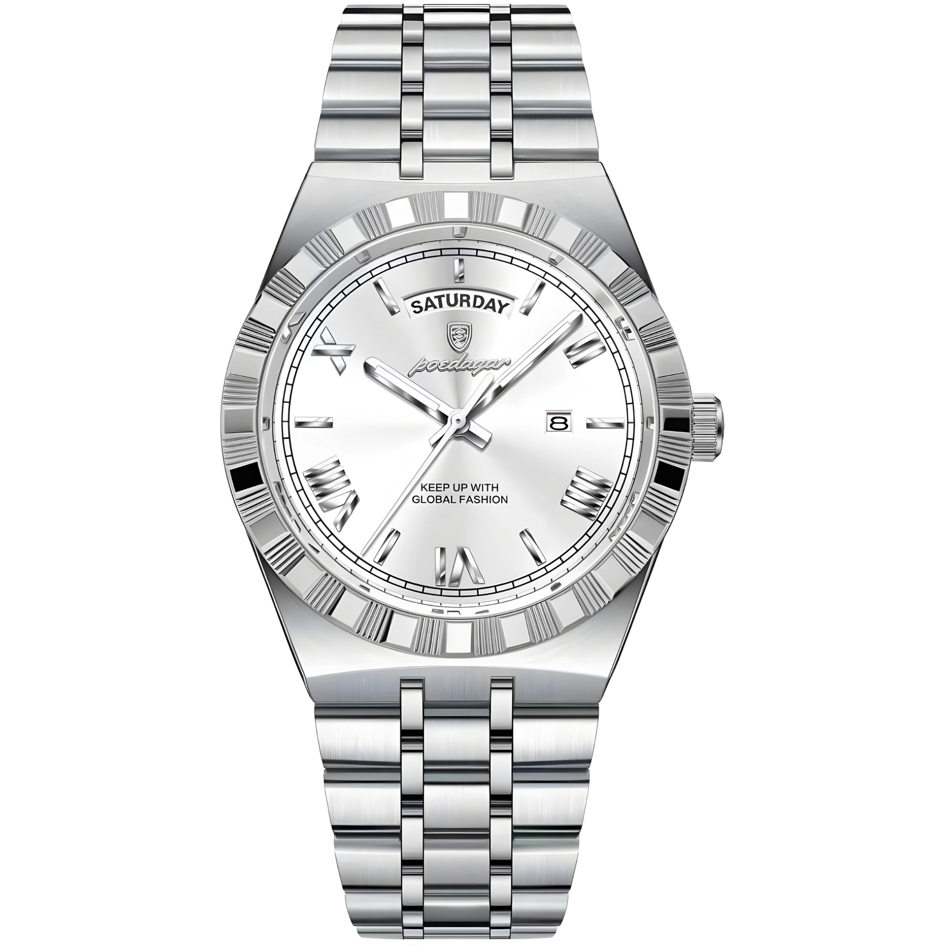 Silver watch with a white face on a white background