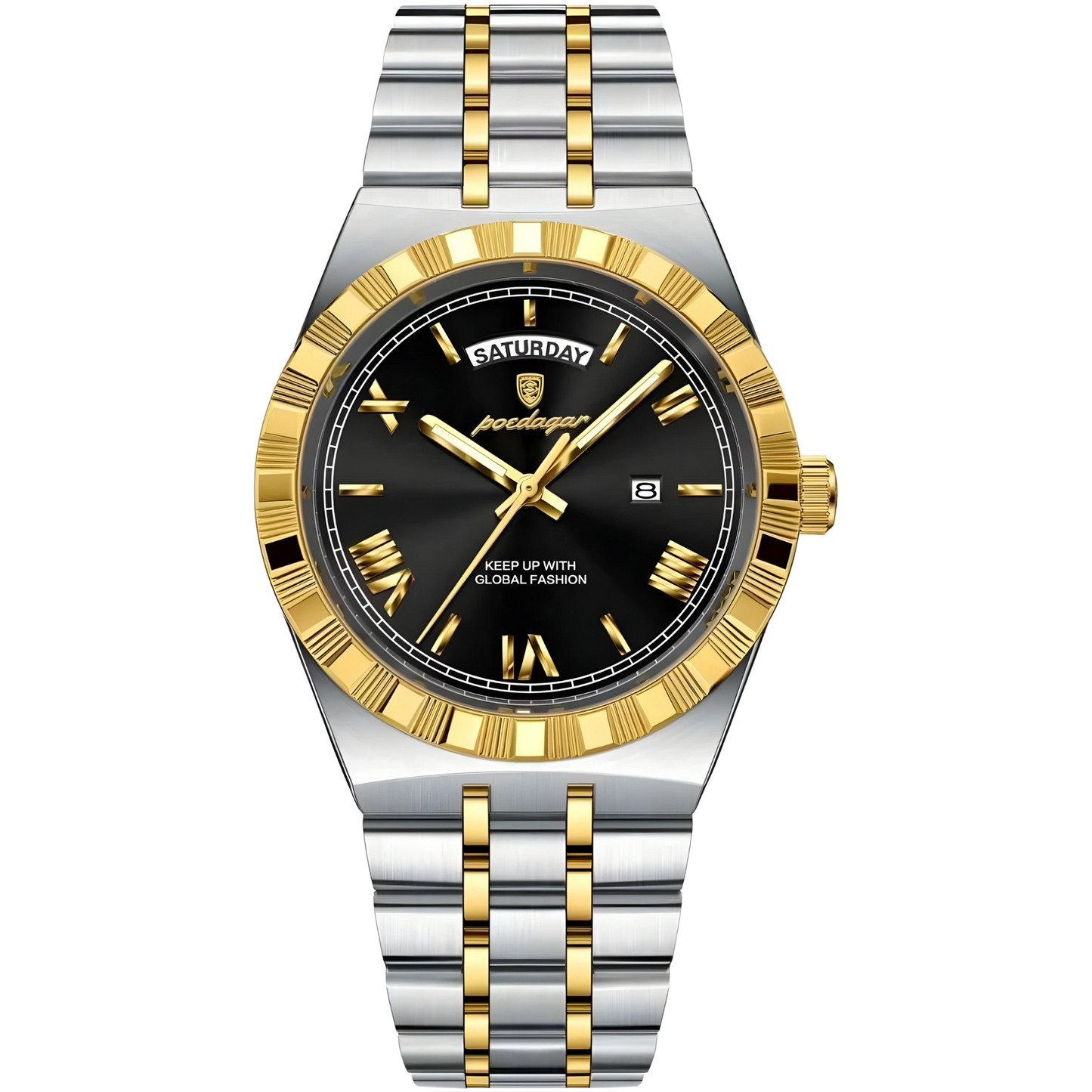 Two-tone silver and gold watch with black dial on a white background