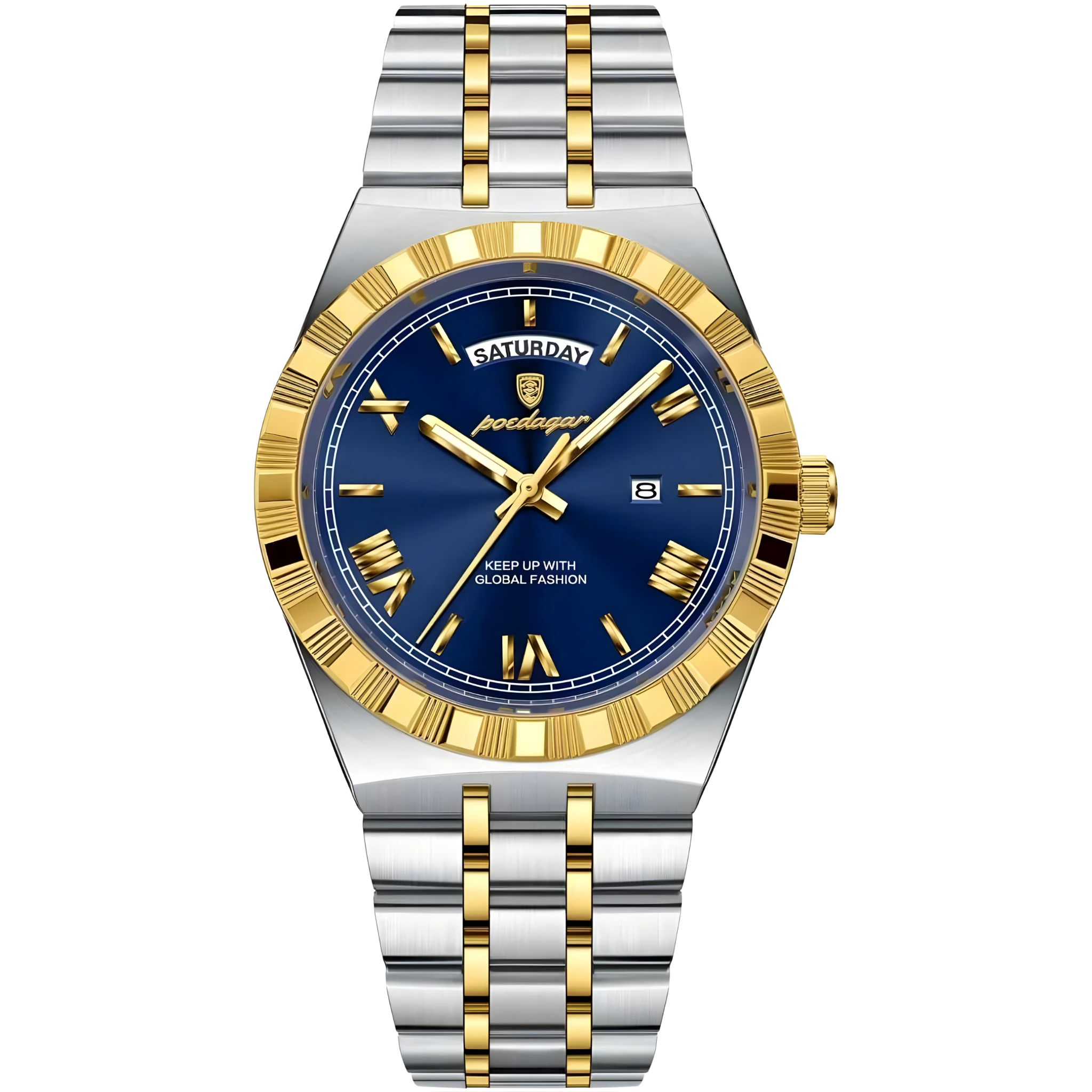 Luxury watch with blue dial, gold accents, and silver and gold band on white background
