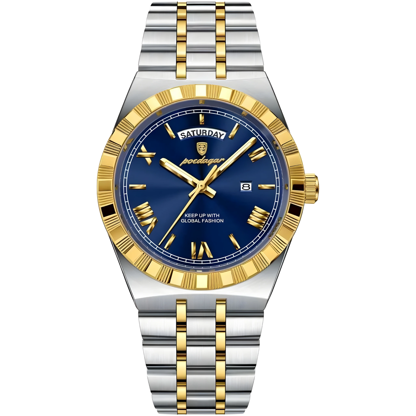Luxury watch with blue dial, gold accents, and silver and gold band on white background