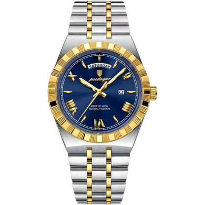 Luxury watch with blue dial, gold accents, and silver and gold band on white background