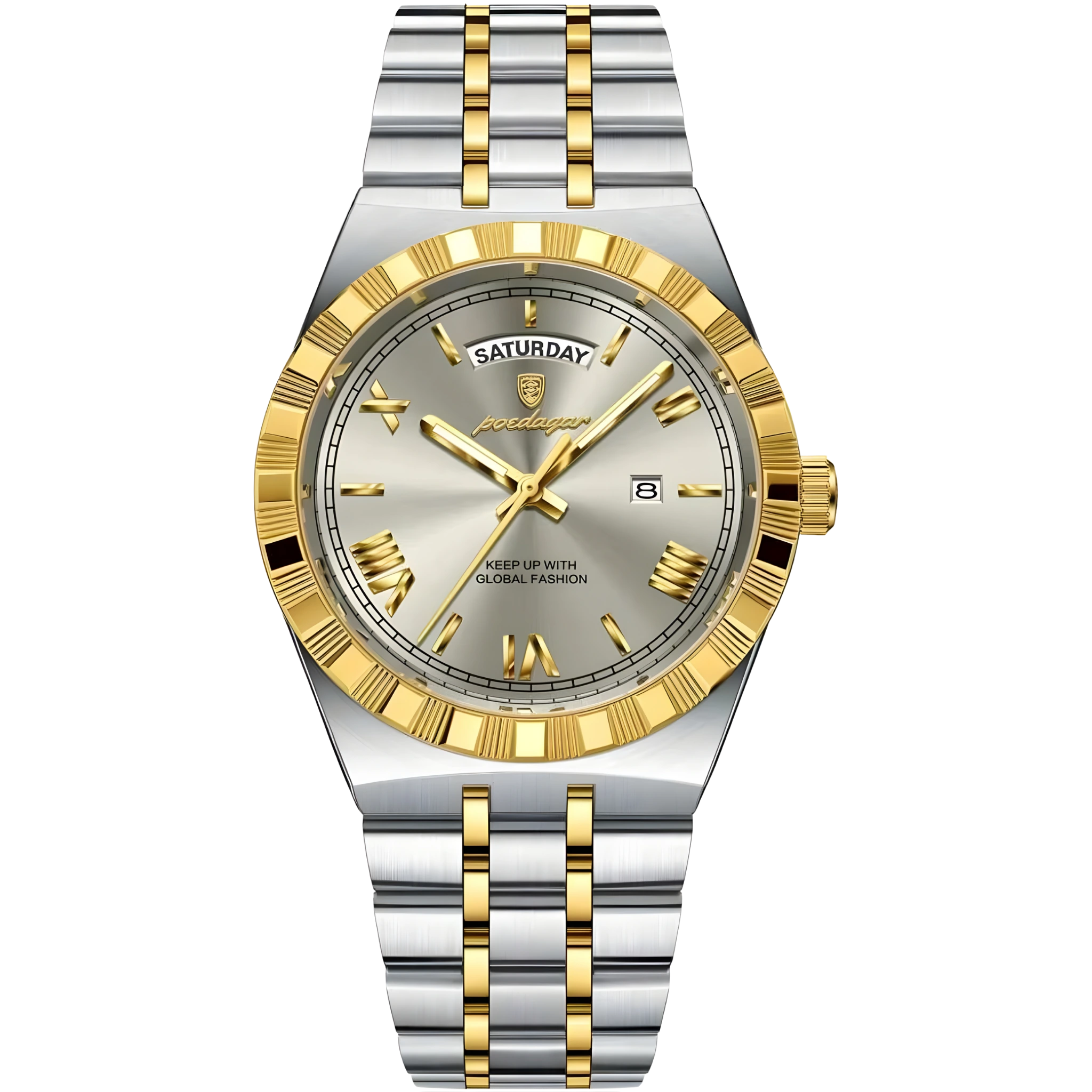 Two-tone silver and gold watch on a white background