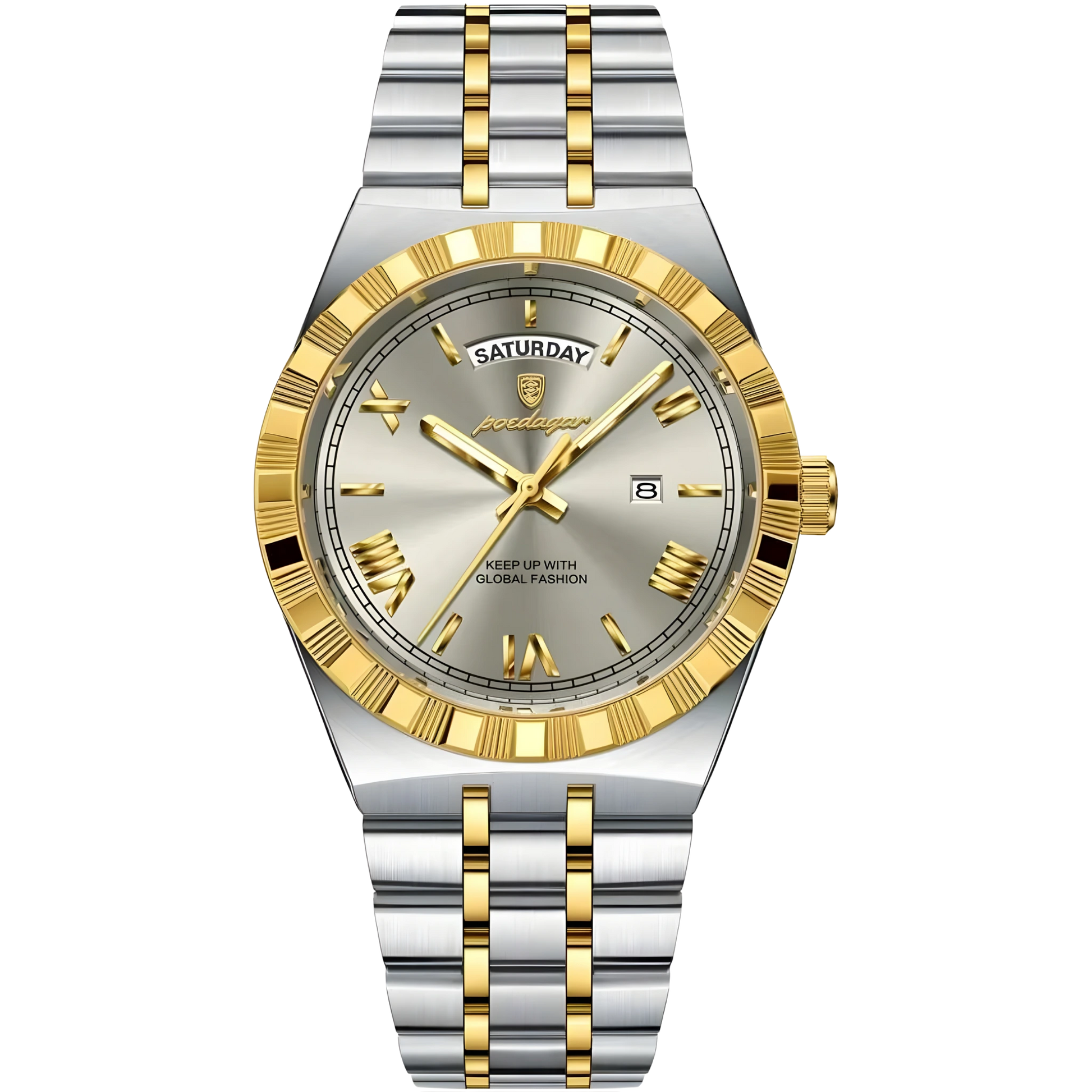 Two-tone silver and gold watch on a white background