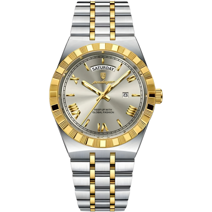 Two-tone silver and gold watch on a white background